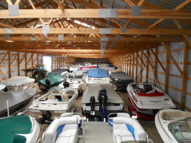 Boat storage facility at Olds Pontoon Rental & Storage